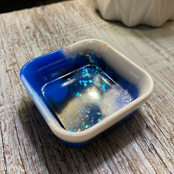 Square Tray / Dish - Blue + Black + White + Iridescent Rainbow Confetti - Picture 10 of 17